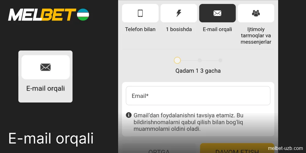 Melbet-da elektron pochta orqali qanday ro'yxatdan o'tish mumkin